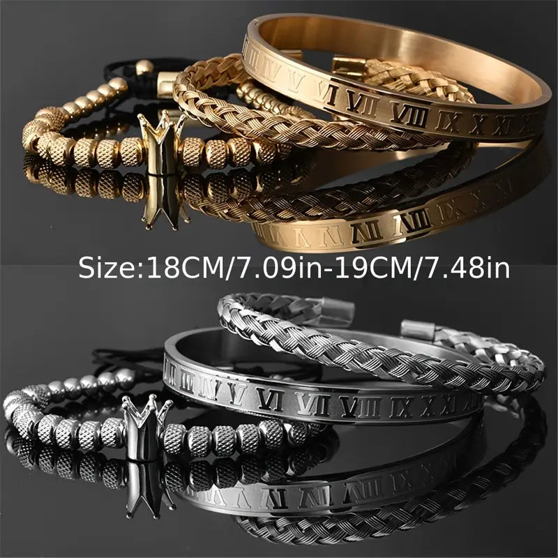 ROYAL Men's Stainless Steel Bracelet Set, Roman Numerals & Royal Crown Charm