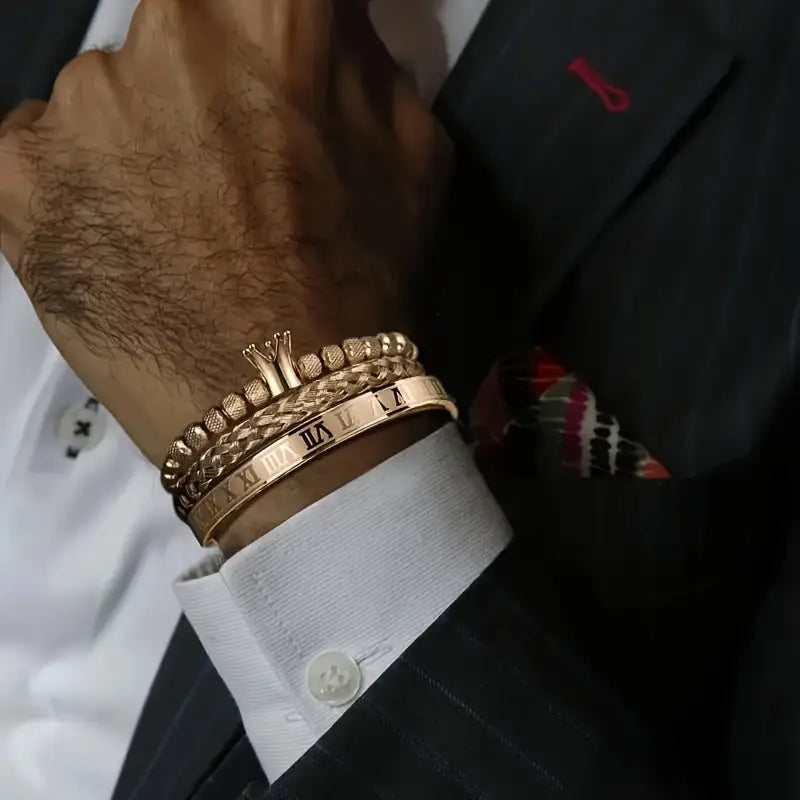 ROYAL Men's Stainless Steel Bracelet Set, Roman Numerals & Royal Crown Charm