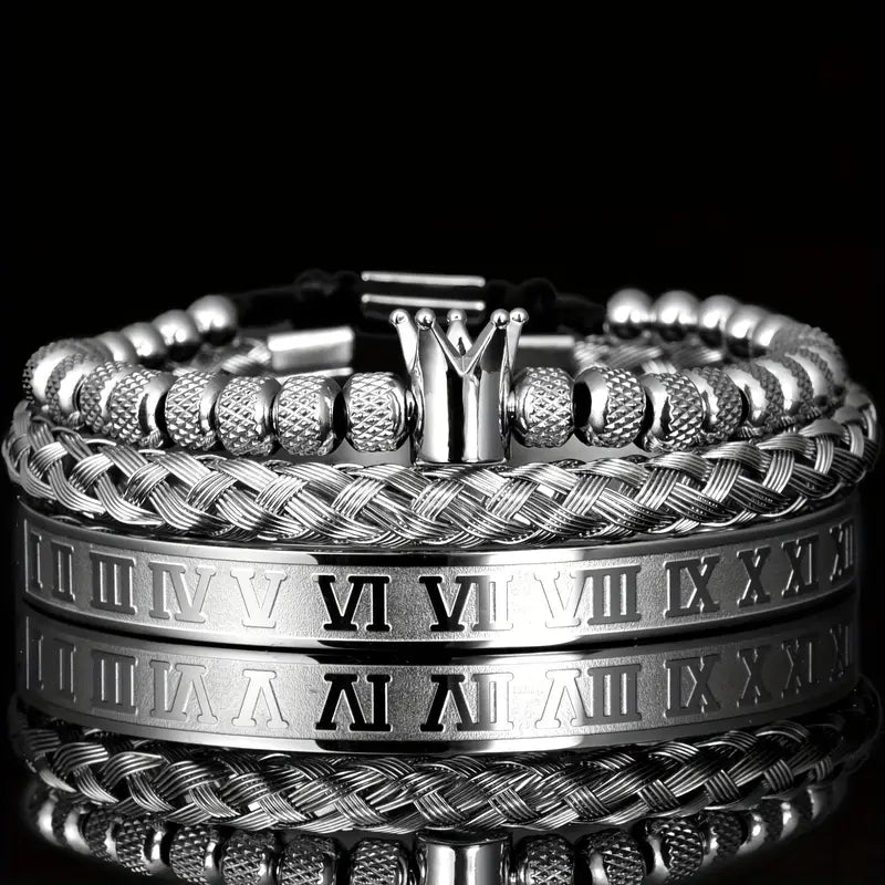 ROYAL Men's Stainless Steel Bracelet Set, Roman Numerals & Royal Crown Charm