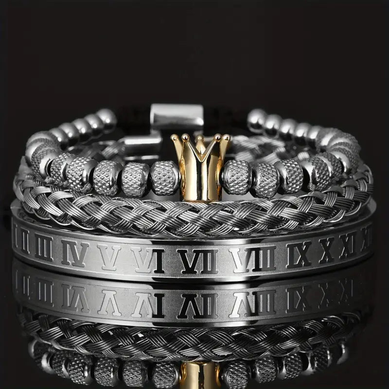ROYAL Men's Stainless Steel Bracelet Set, Roman Numerals & Royal Crown Charm